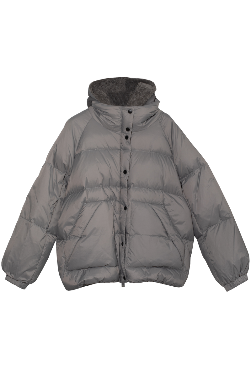 Gray puffer jacket with a hood on a white background