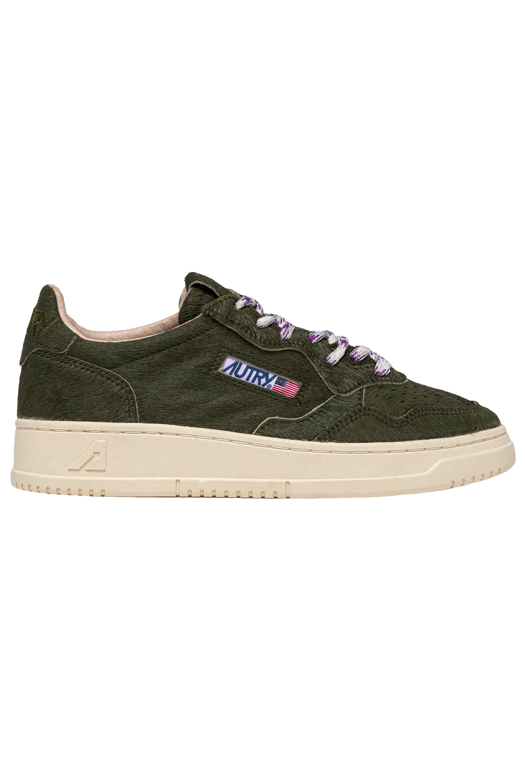 Green sneaker with autry brand logo on a white background