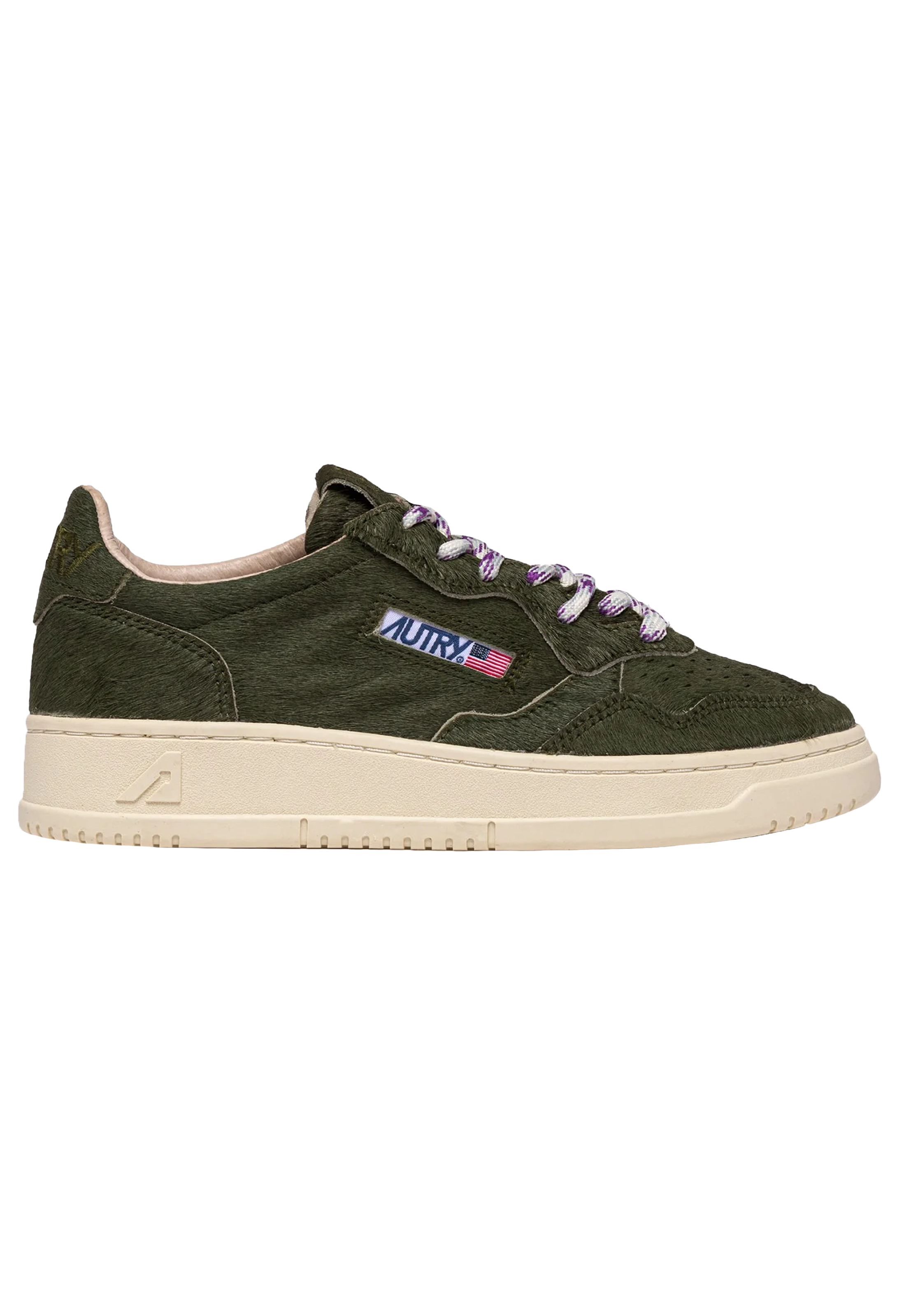 Green sneaker with autry brand logo on a white background