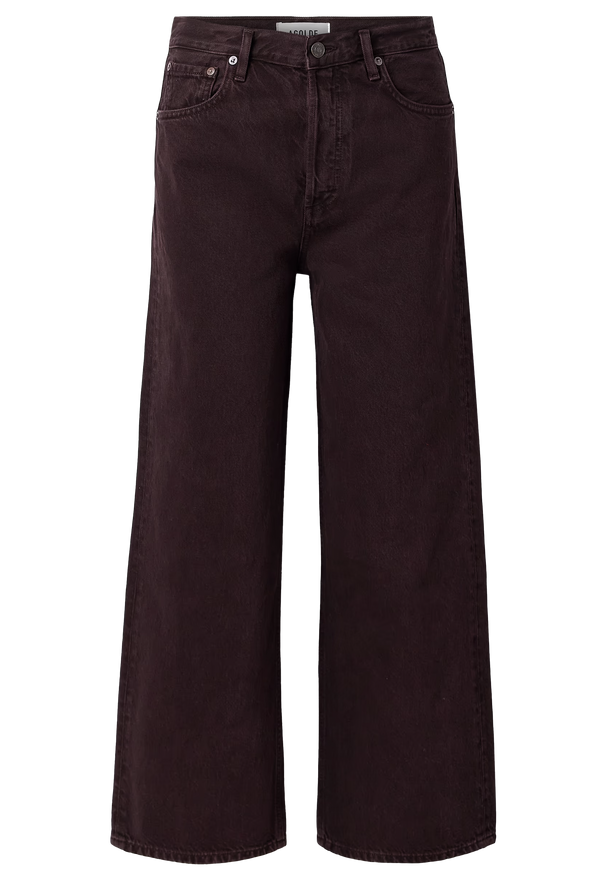 Brown wide-leg jeans on a transparent background