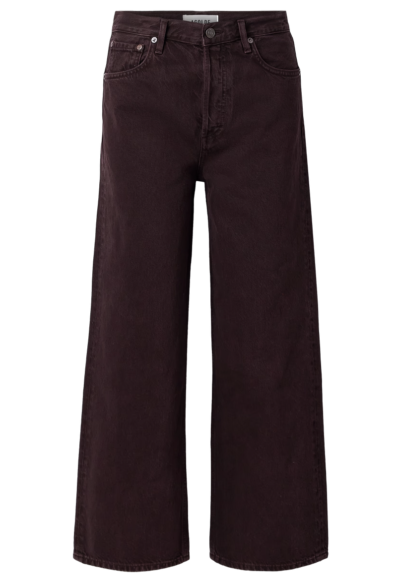 Brown wide-leg jeans on a transparent background