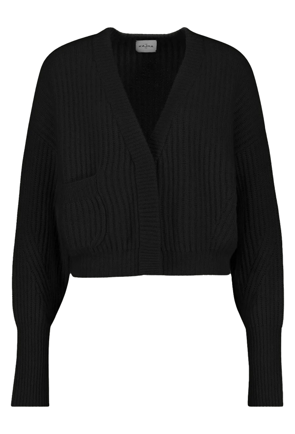 Black ribbed knit cardigan on a white background
