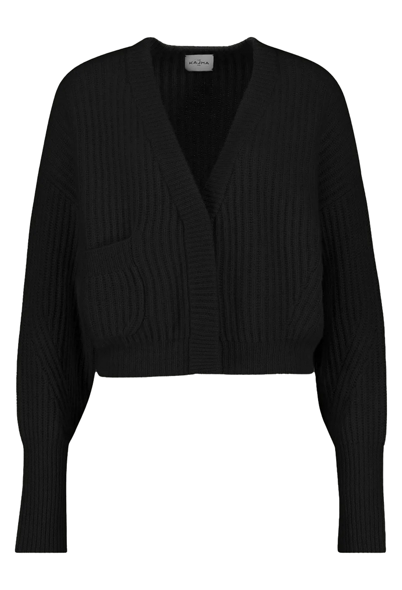 Black ribbed knit cardigan on a white background