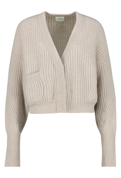 Beige ribbed knit cardigan on a white background