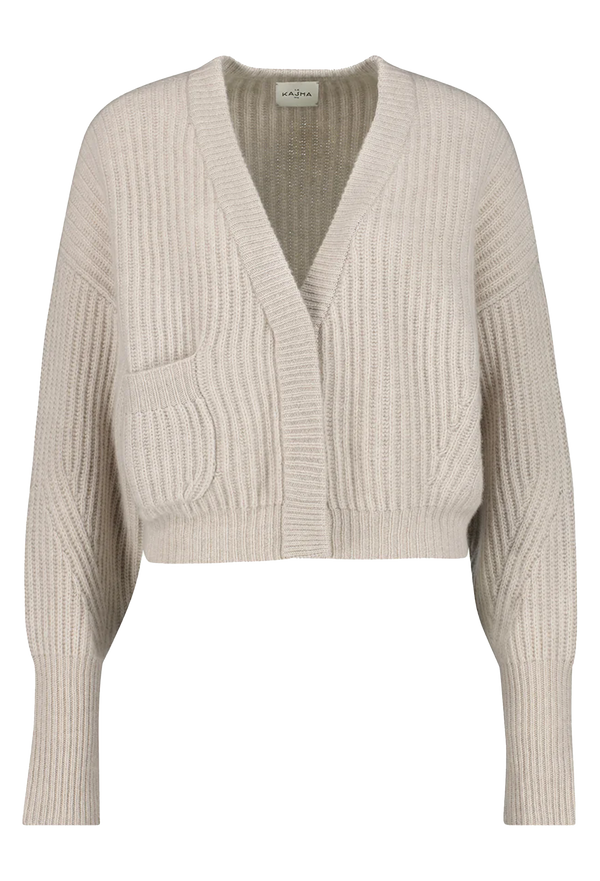 Beige ribbed knit cardigan on a white background