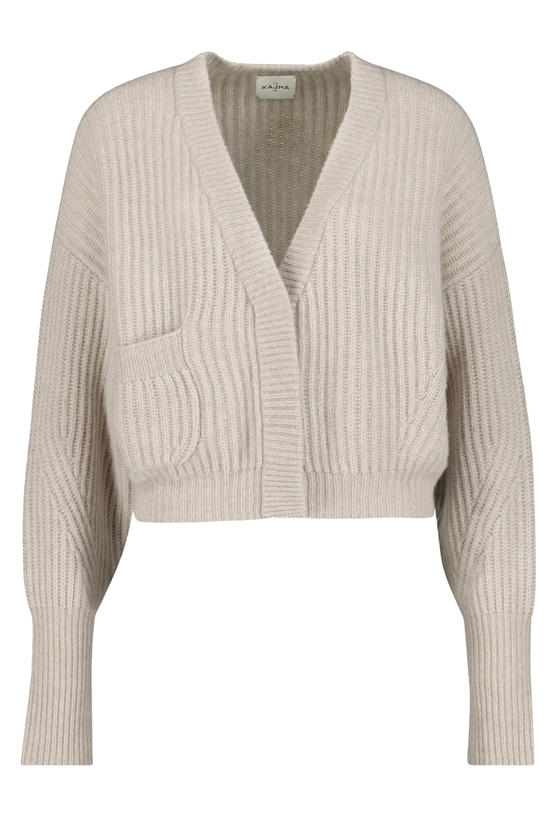 Beige ribbed knit cardigan on a white background