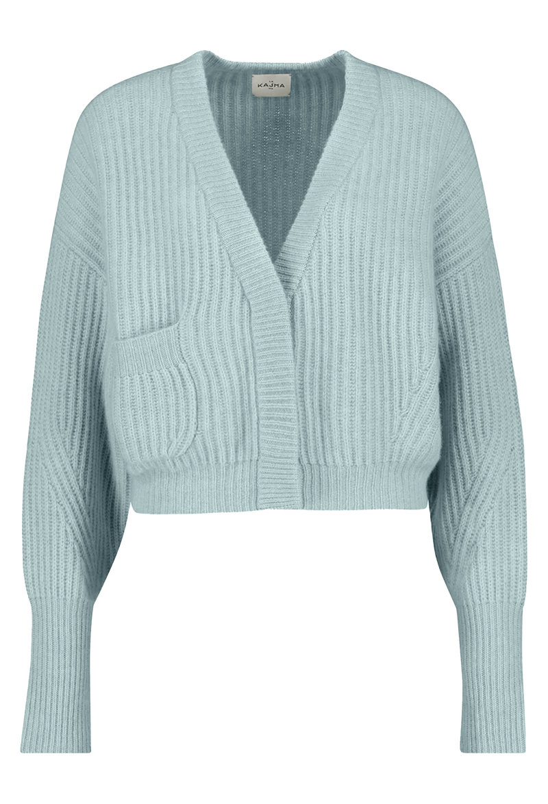 Light blue ribbed knit cardigan on a white background
