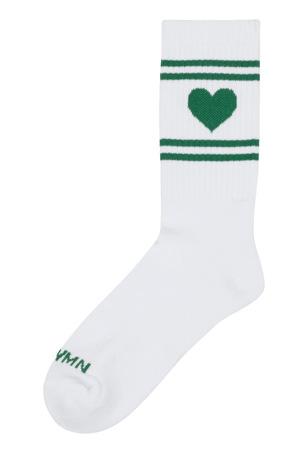 White sock with green heart and stripes on a white background
