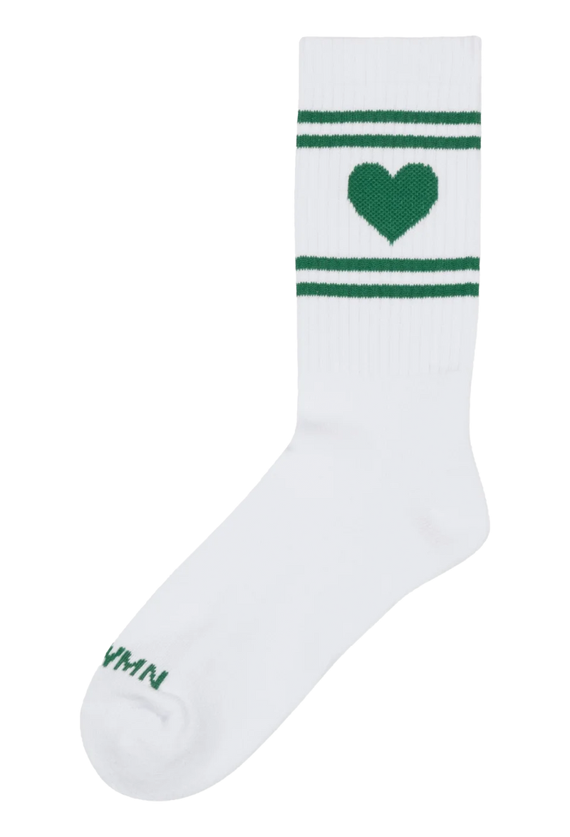 White sock with green heart and stripes on a white background