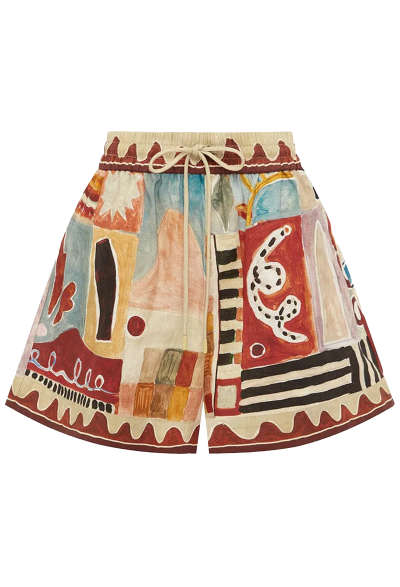 Colorful shorts with abstract patterns on a white background