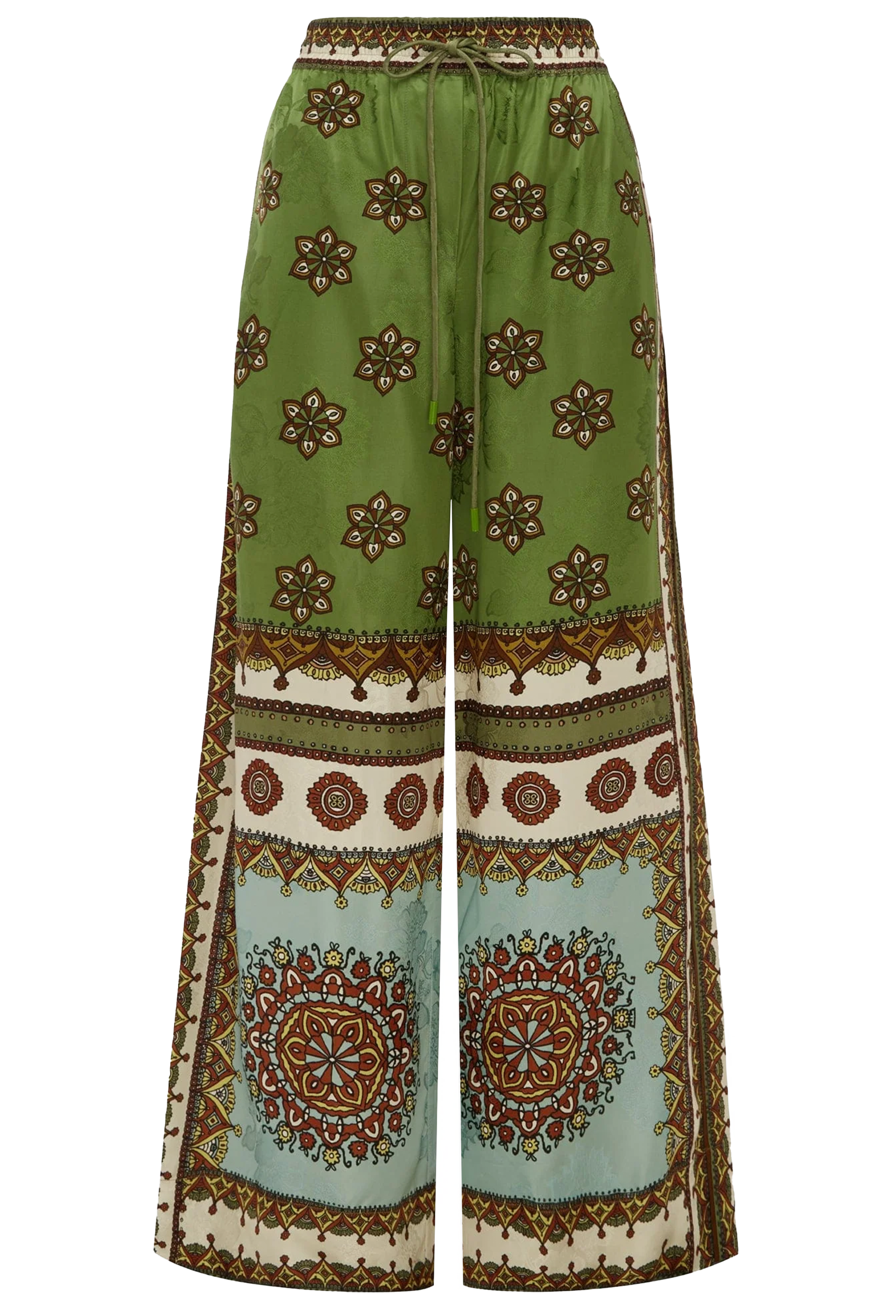Green patterned pants with a mix of geometric and floral designs on a white background