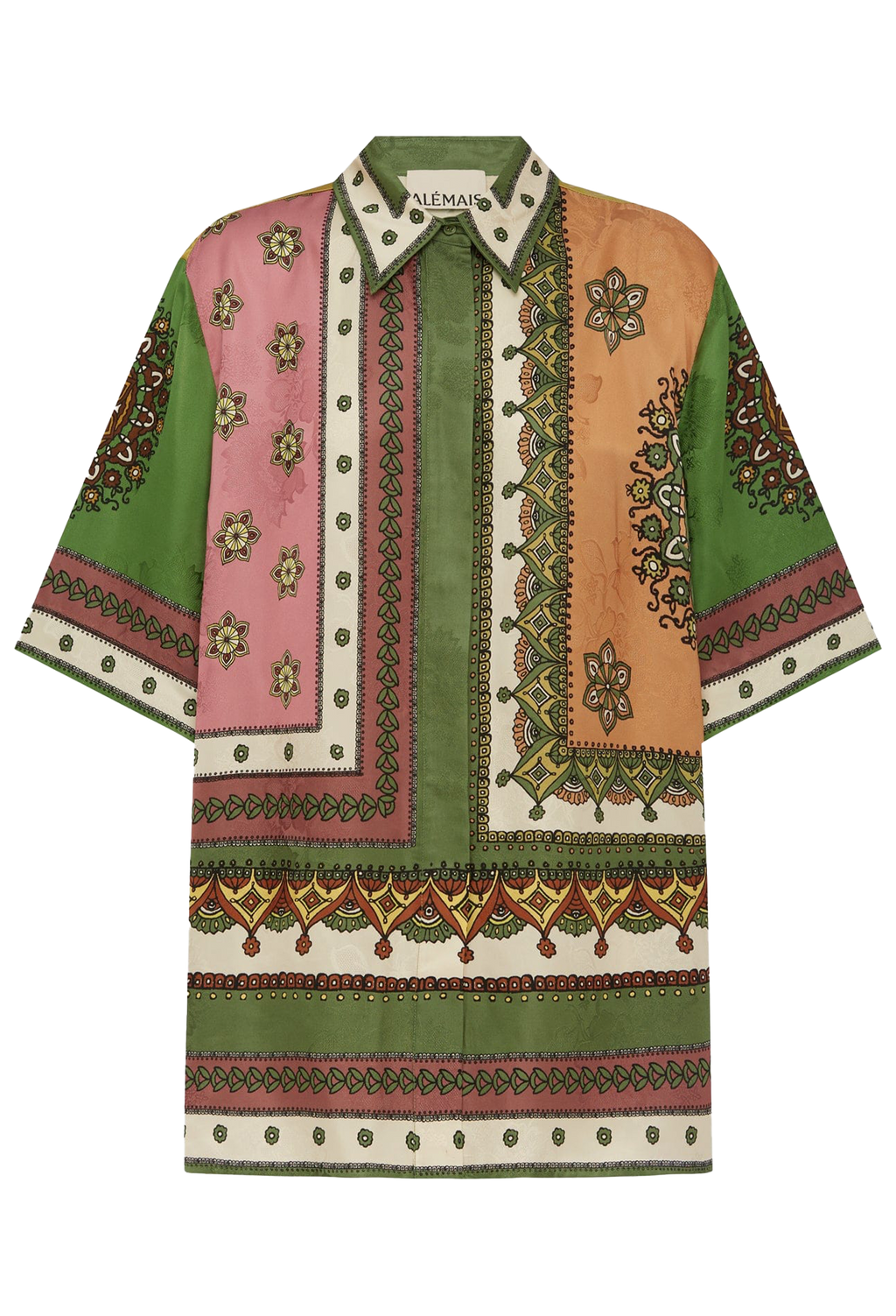 Colorful patterned shirt with a brand label on a white background