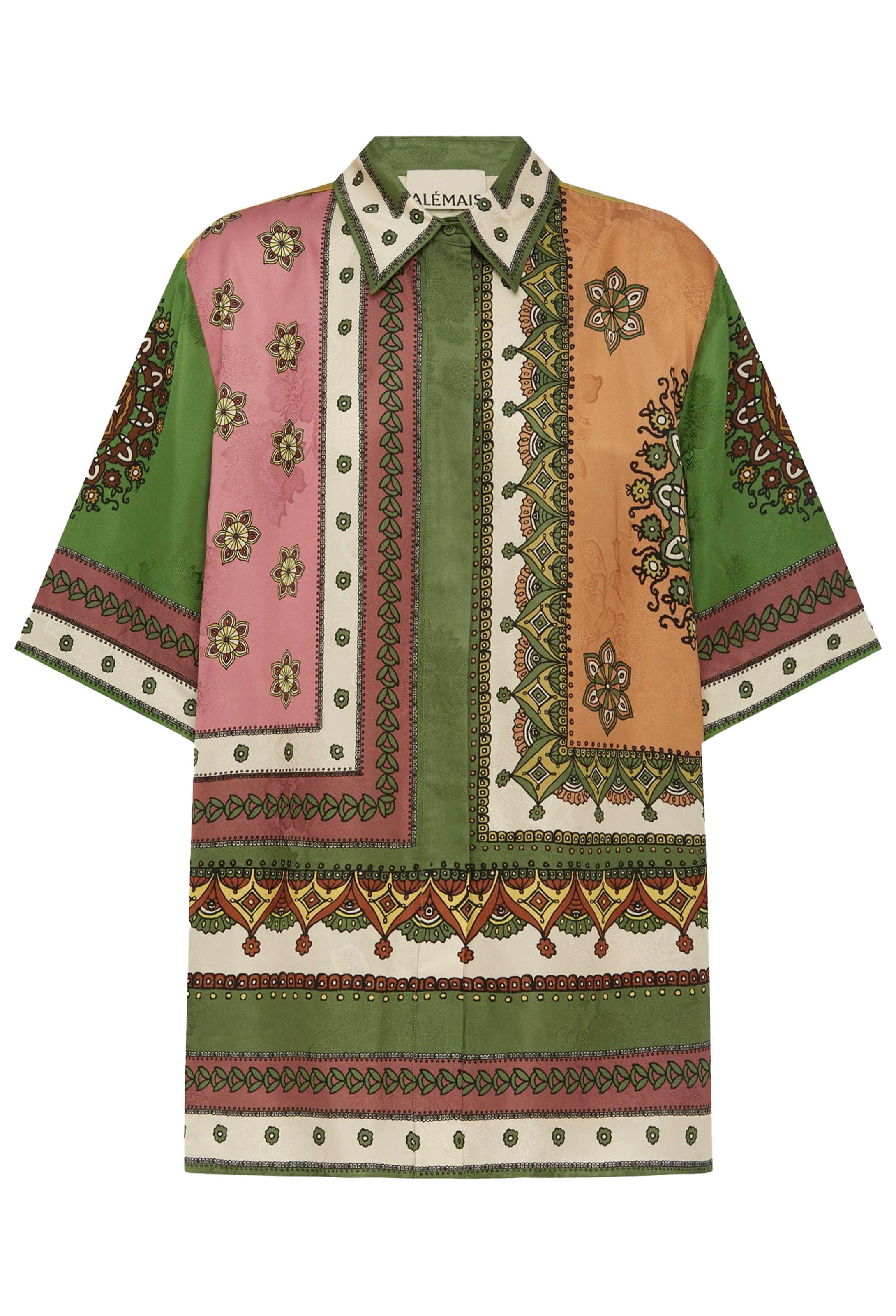 Colorful patterned shirt with a brand label on a white background