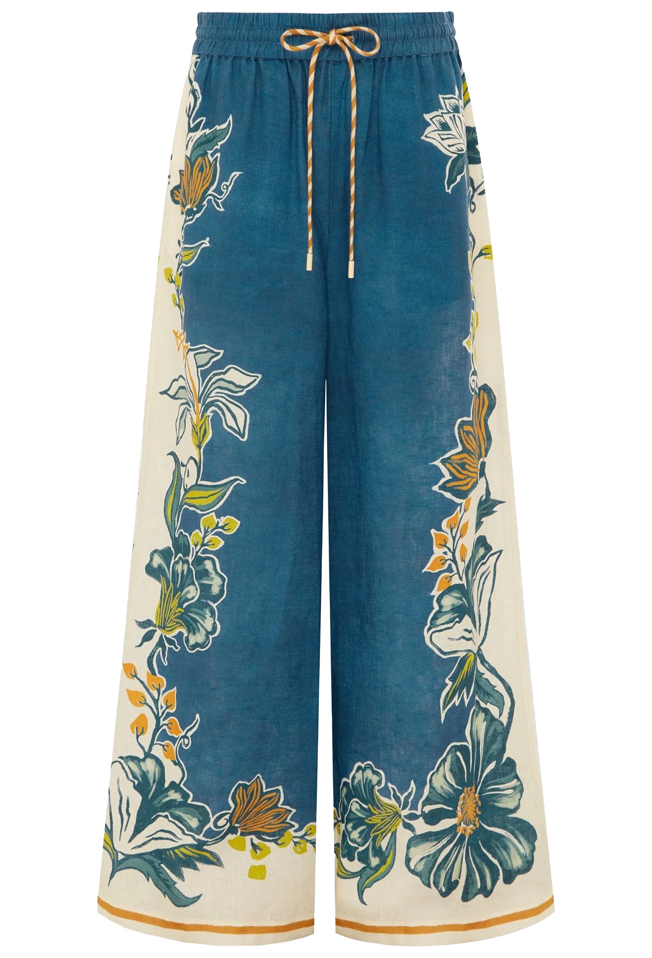 Floral-patterned pants with a blue and white color scheme on a white background