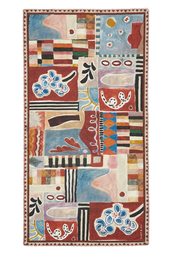 Colorful abstract patterned pareo with geometric shapes and floral designs.