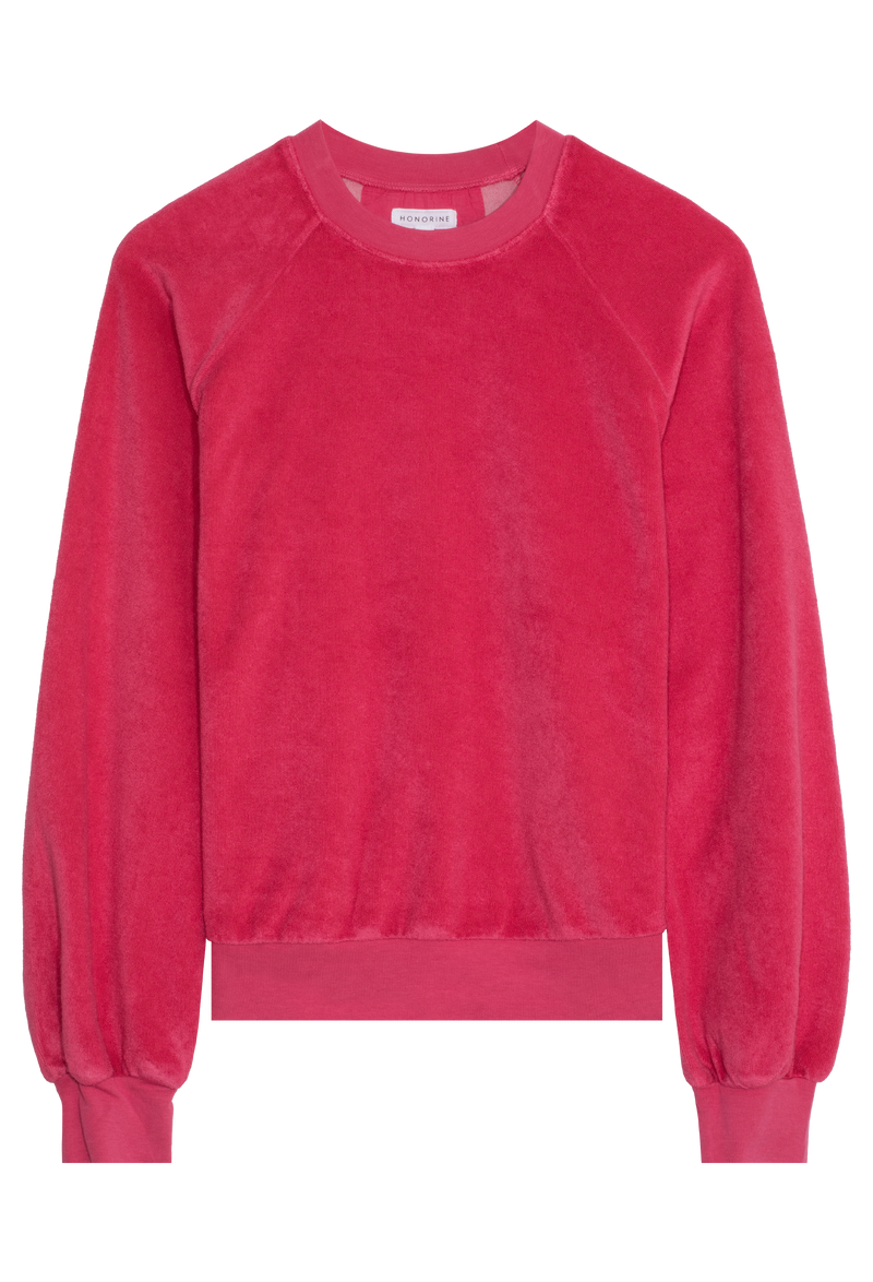 fuchsia terry cloth sweatshirt on a white background