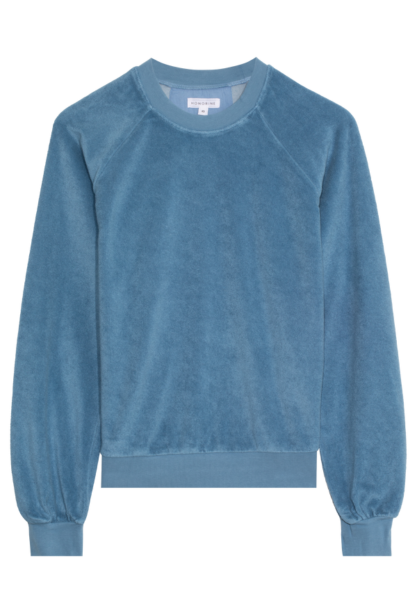 blue terry cloth sweatshirt on a white background