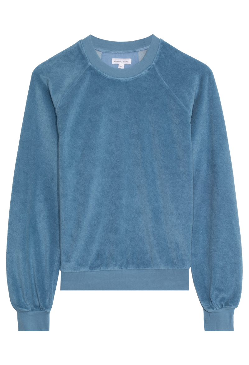 blue terry cloth sweatshirt on a white background