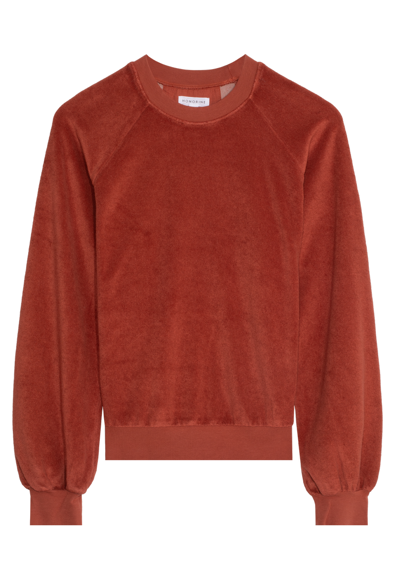 caramel terry cloth sweatshirt on a white background