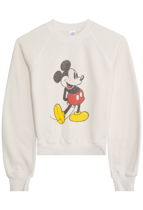 off white crewneck sweatshirt with mickey mouse vintage graphic on a white background