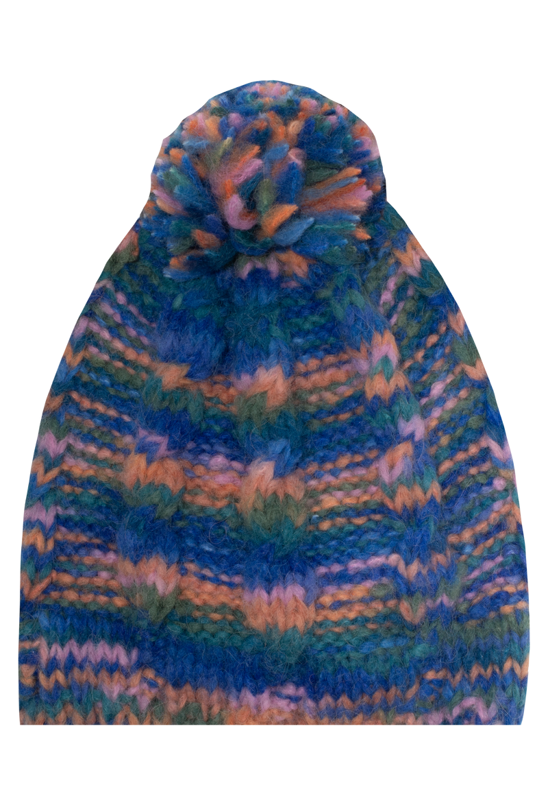 Multicolored knit beanie with a pom-pom on a white background