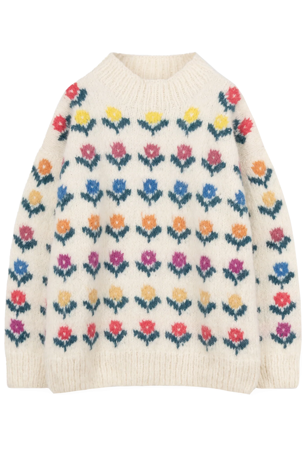 Cream-colored sweater with colorful floral pattern on a white background