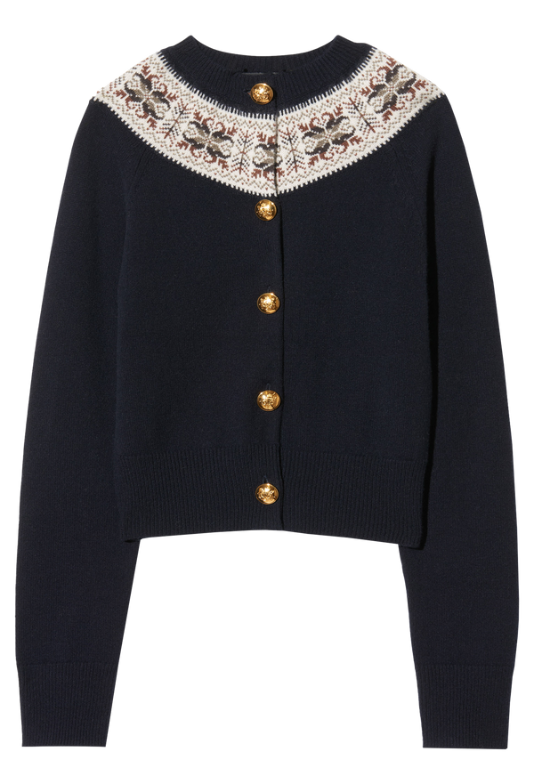 a dark navy fair isle cardigan on a white background