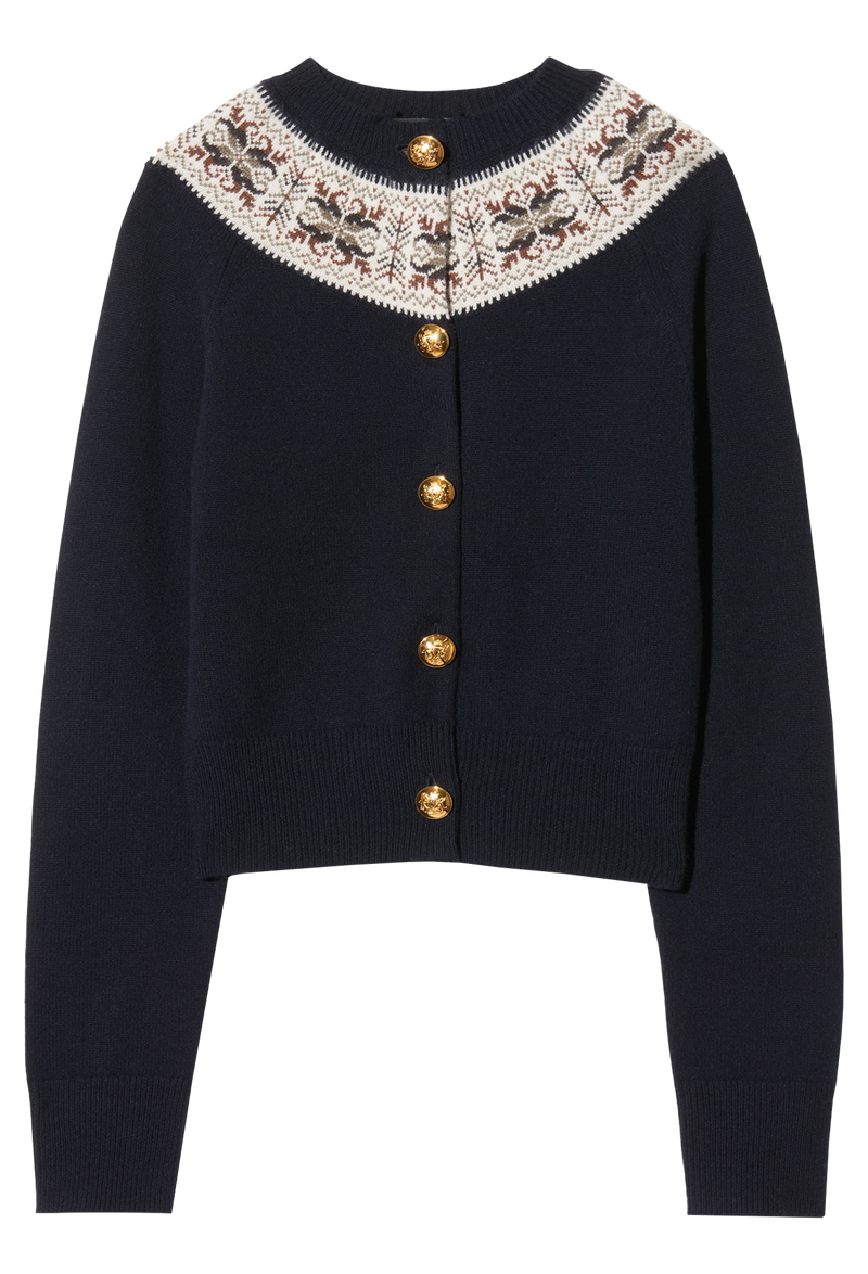 a dark navy fair isle cardigan on a white background