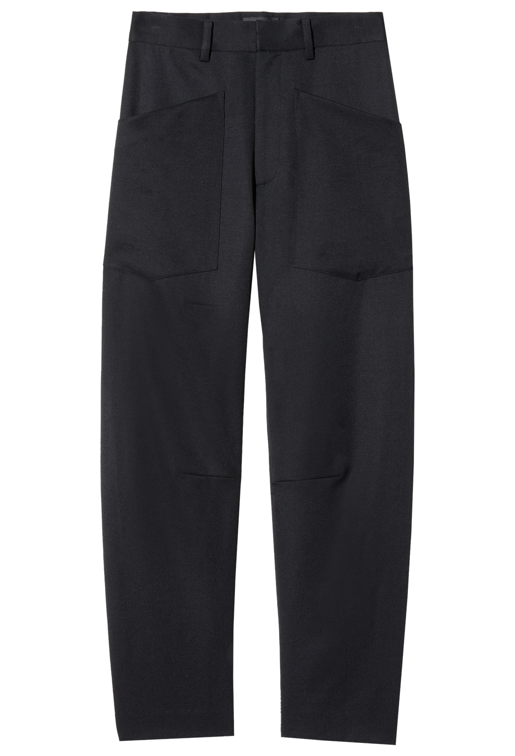 black barrel leg pants on a white background