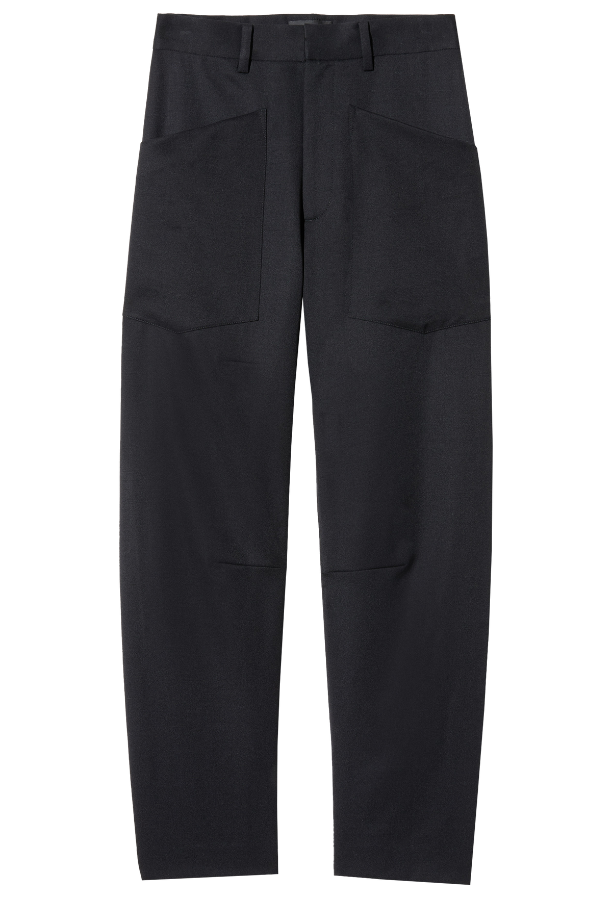 black barrel leg pants on a white background