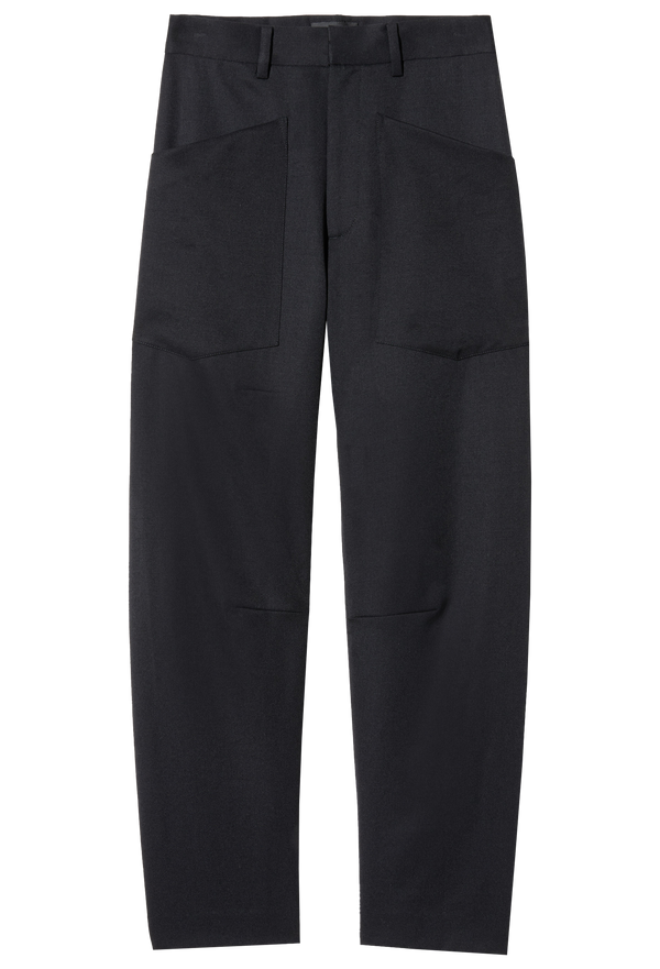 black barrel leg pants on a white background