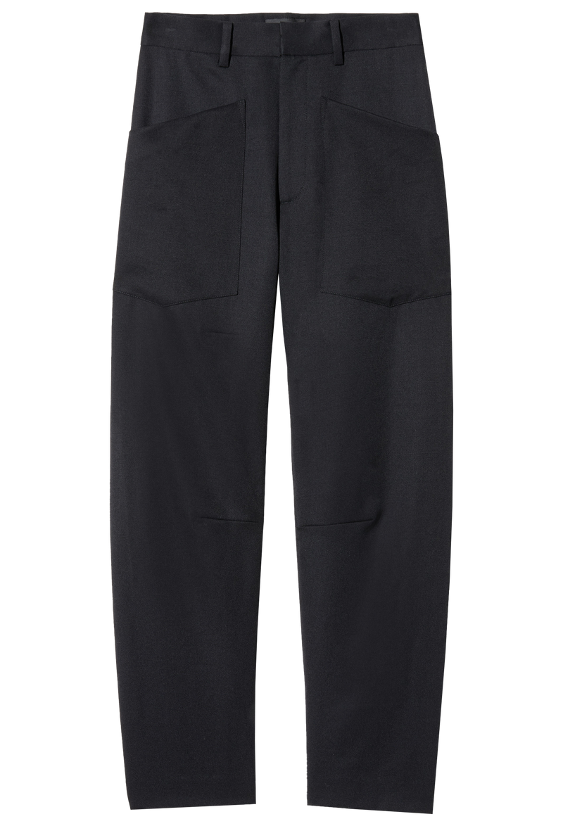 black barrel leg pants on a white background