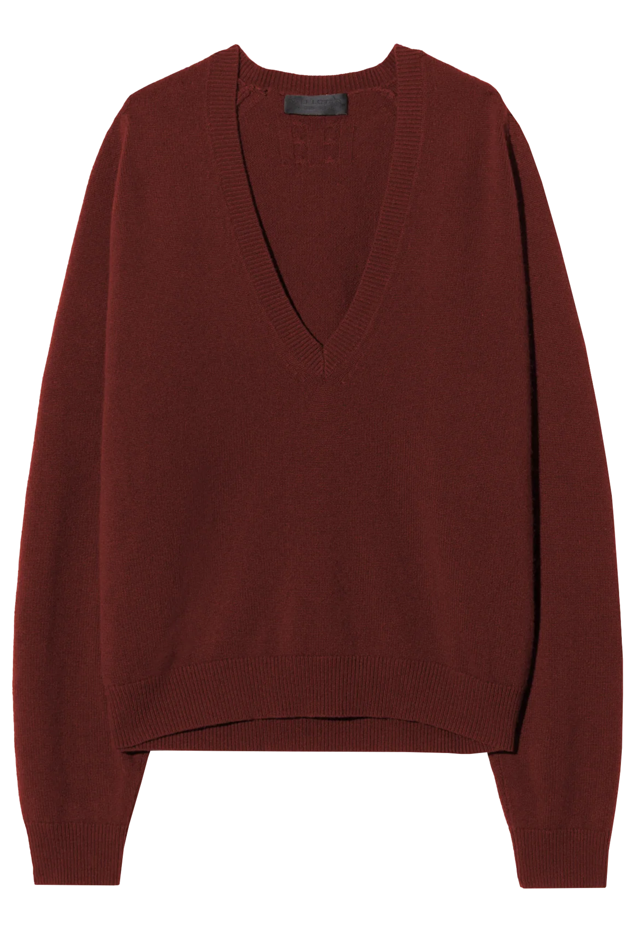 dark maroon v-neck sweater on a white background
