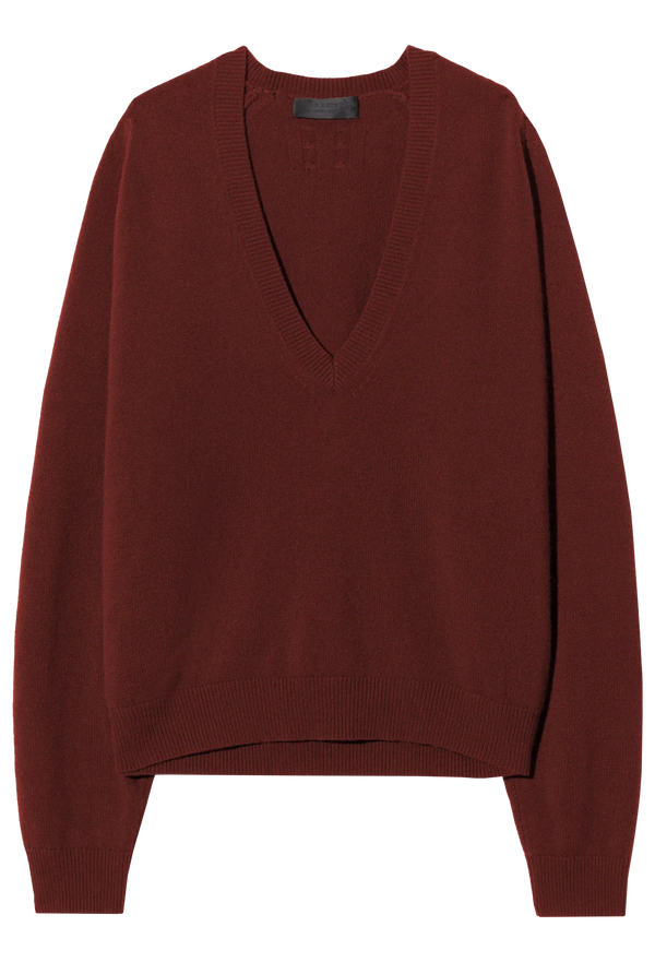 dark maroon v-neck sweater on a white background