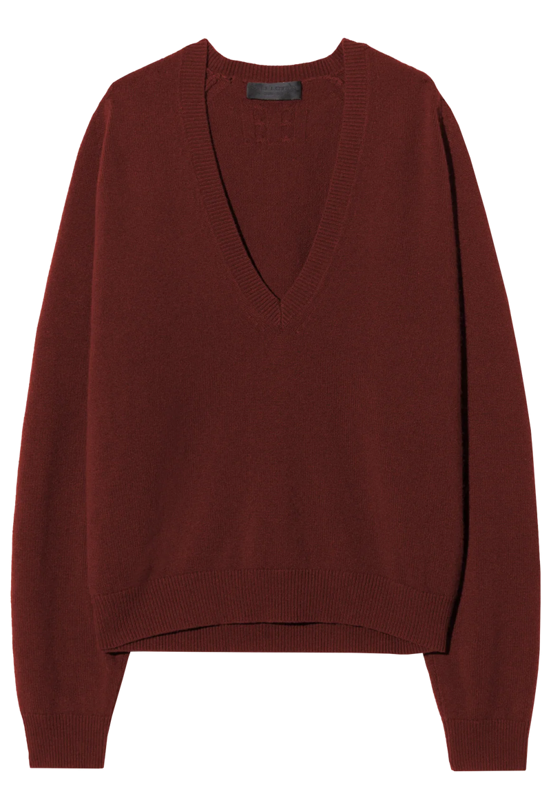 dark maroon v-neck sweater on a white background
