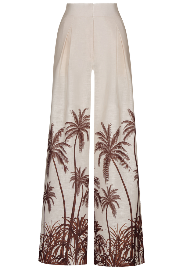 Beige pants with brown palm tree pattern on a white background