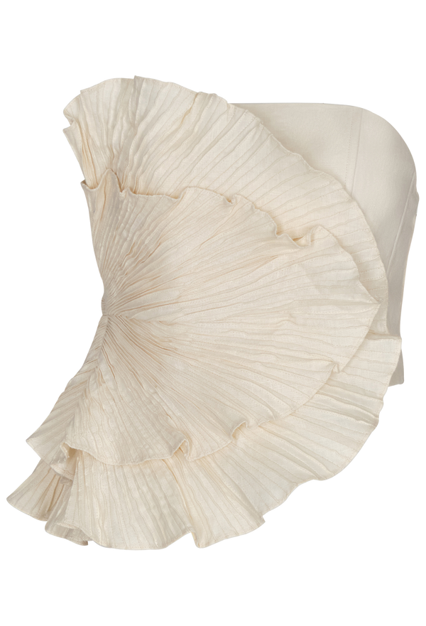 White strapless top with pleated details on a white background