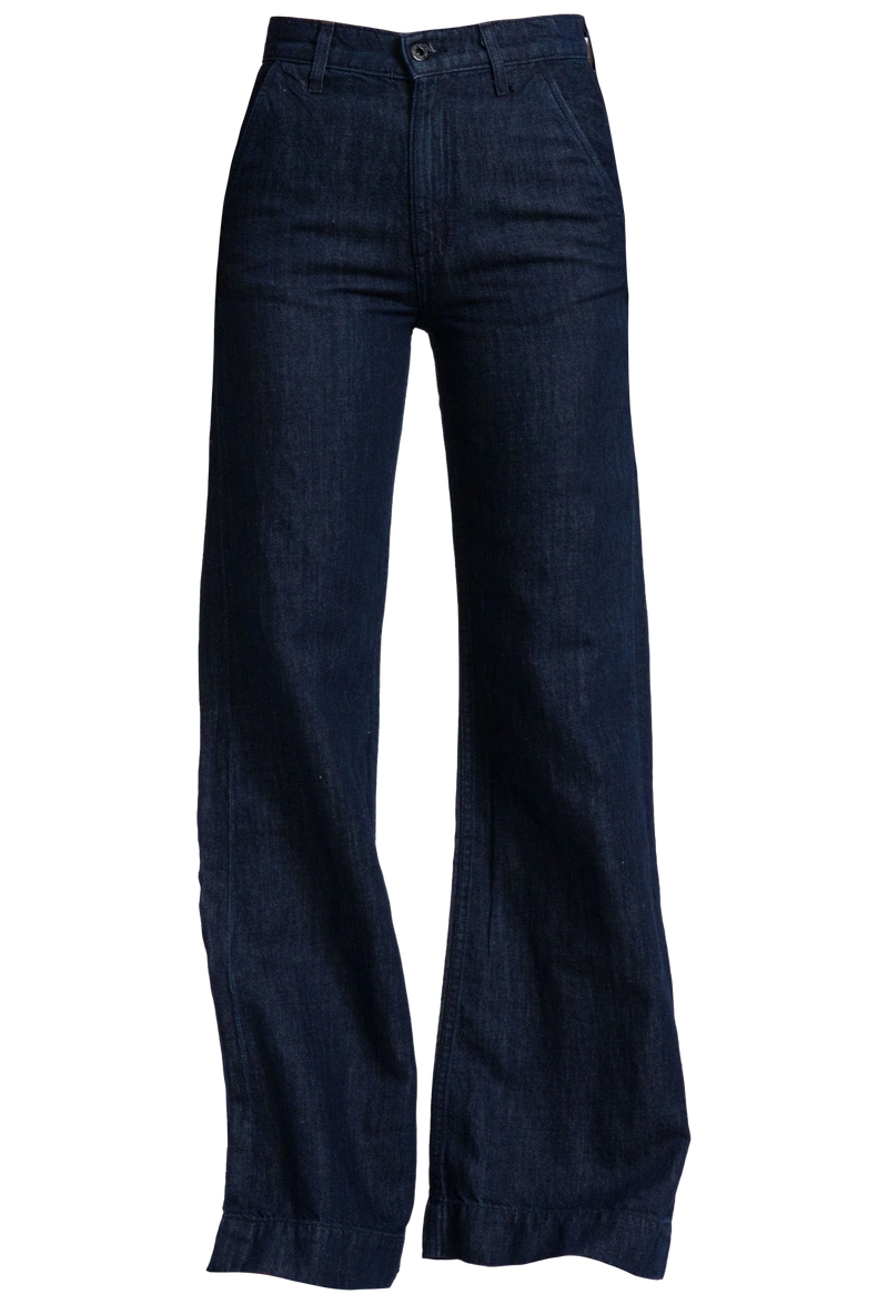 Pair of dark blue jeans on a white background