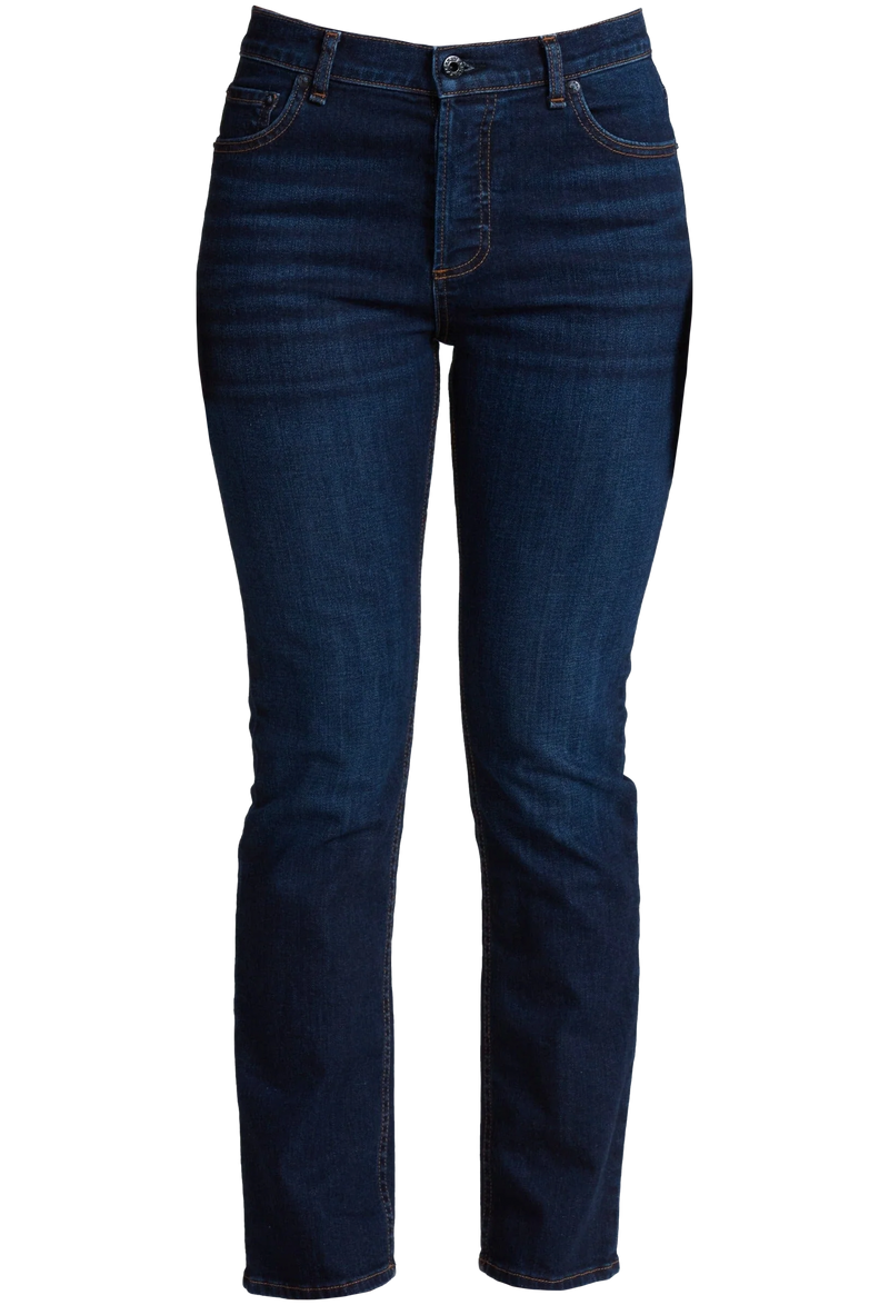Pair of dark blue jeans on a white background