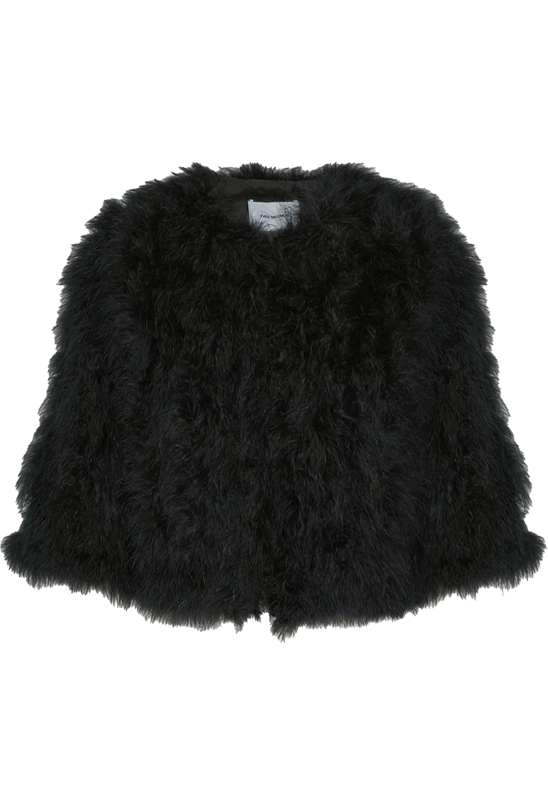 Black fluffy jacket on a white background