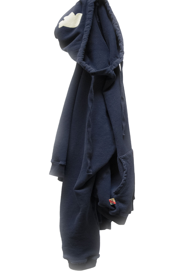 Navy blue hoodie with dove logo on a white background