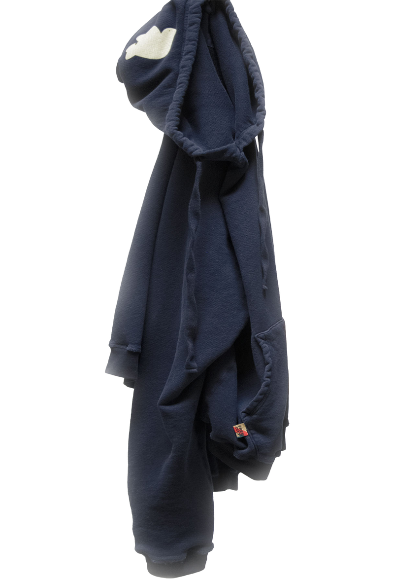 Navy blue hoodie with dove logo on a white background