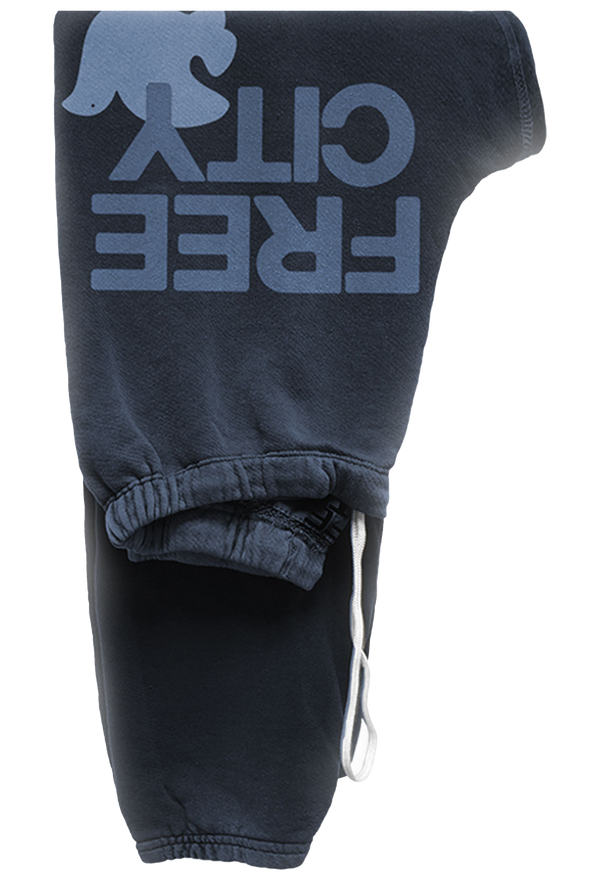 Black sweatpants with blue text and logo on a white background