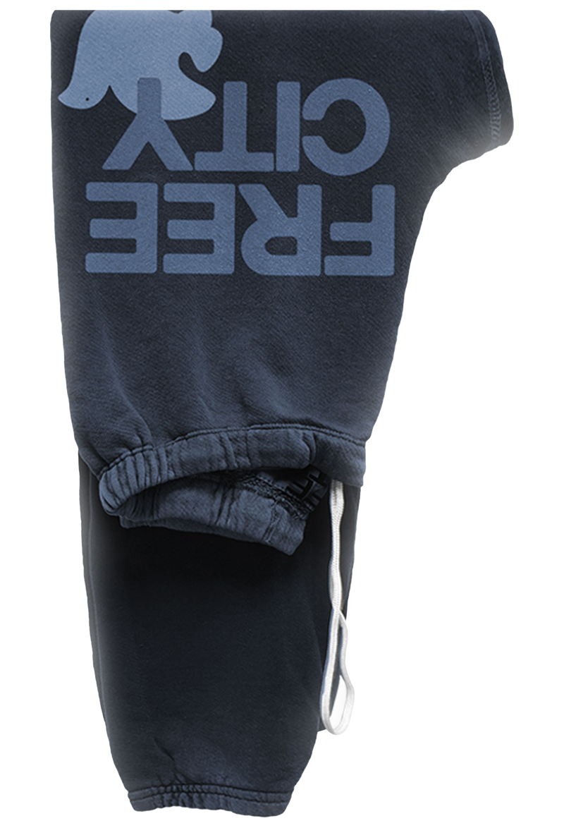 Black sweatpants with blue text and logo on a white background