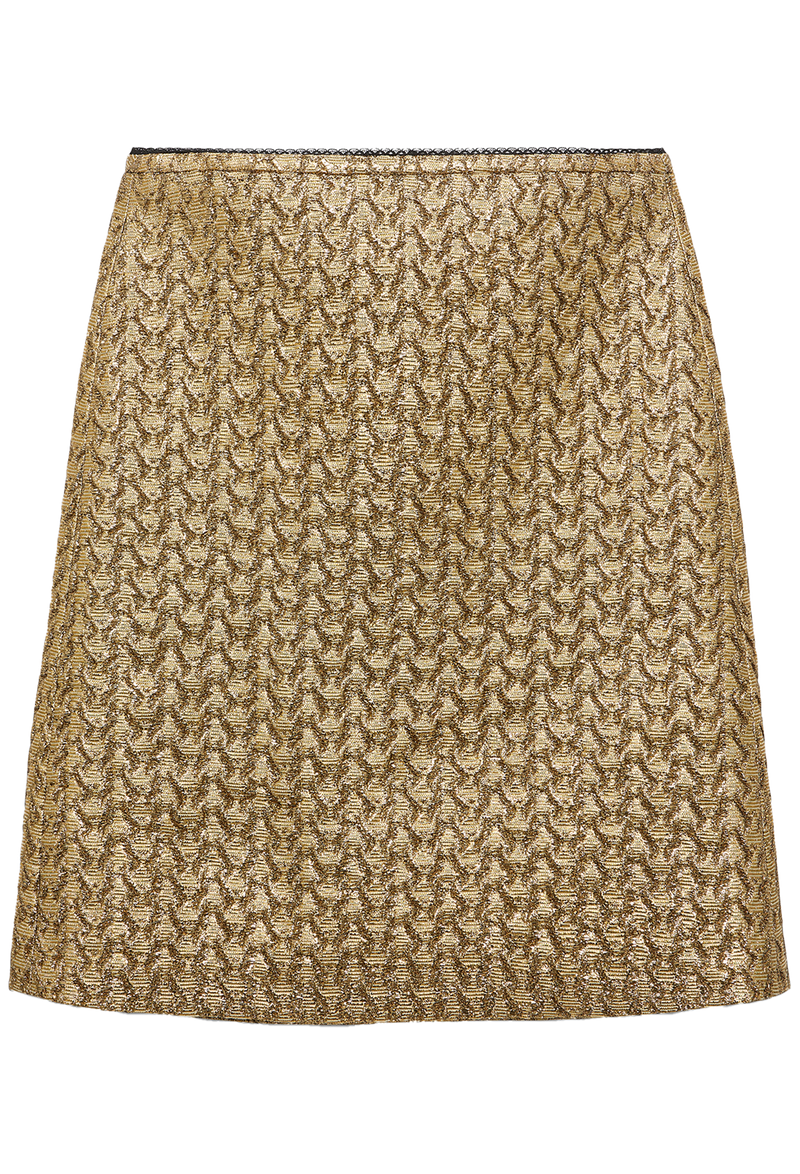 Patterned gold skirt on a white background