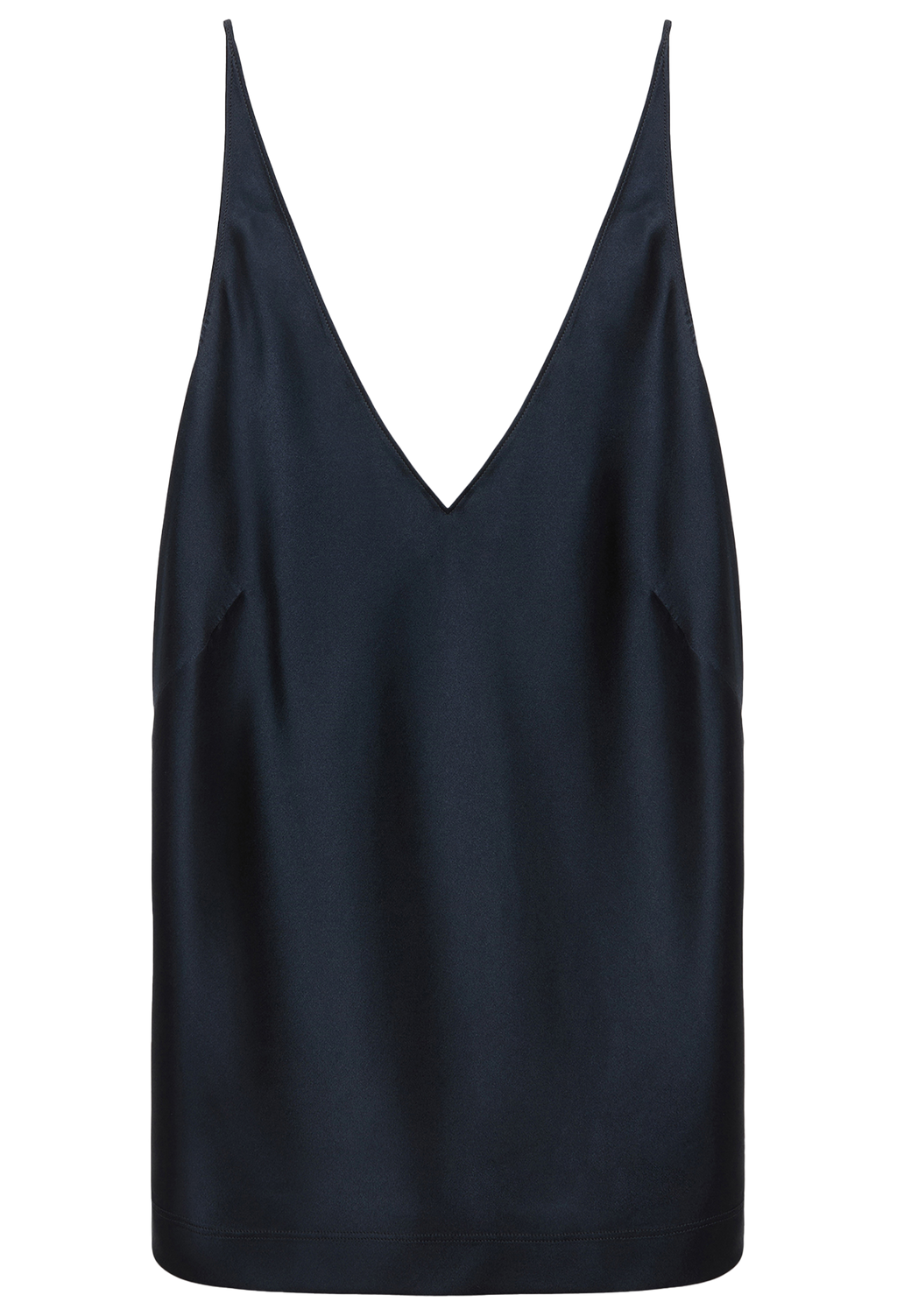 a dark navy v-neck silk camisole on a white background