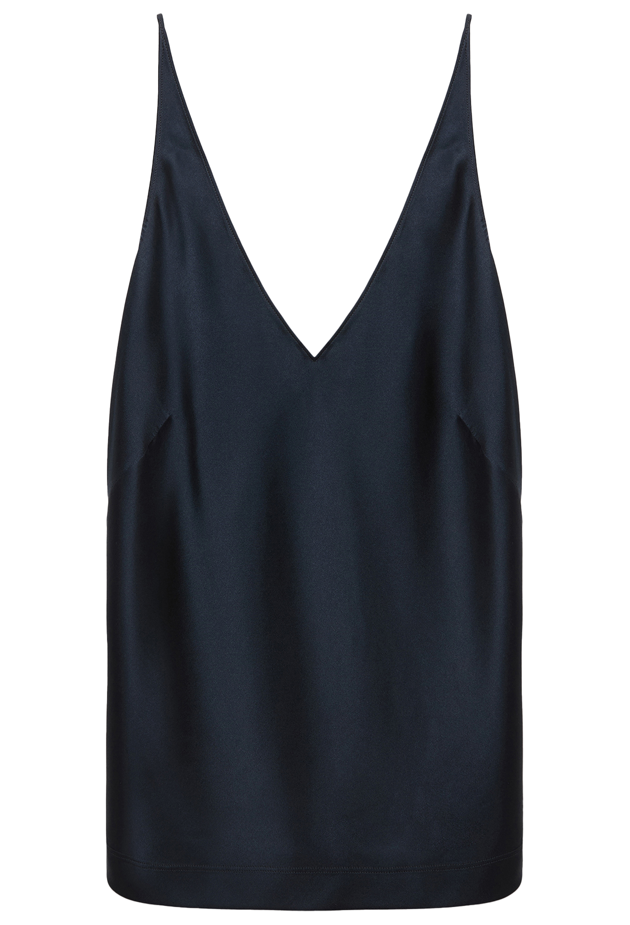 a dark navy v-neck silk camisole on a white background