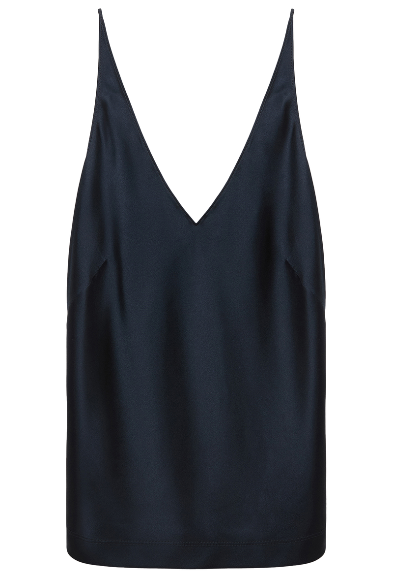 a dark navy v-neck silk camisole on a white background