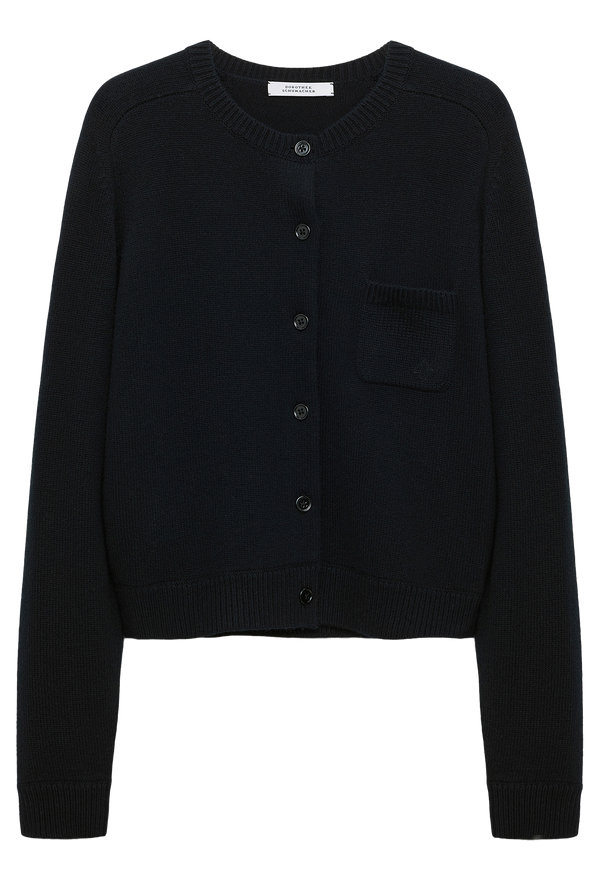 Black cardigan with buttons on a white background