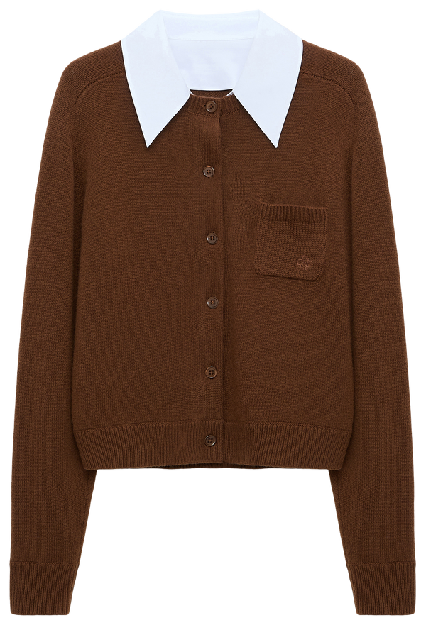 Brown cardigan with a white shirt collar on a white background